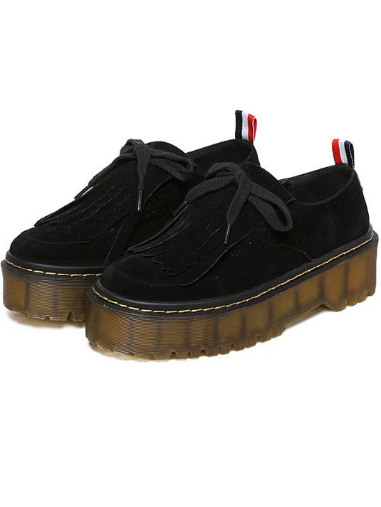 Romwe Black Fringed Pierced Lace Up Thick-soled Flats