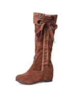 Romwe Suede Tie Detail Hidden Wedge Calf Length Boots