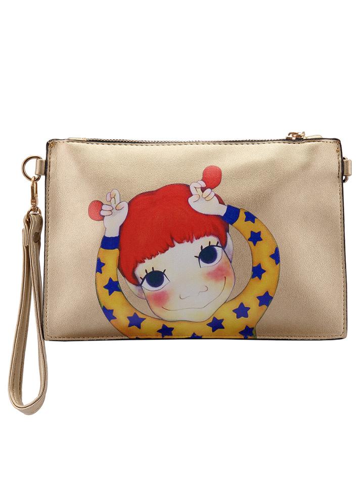 Romwe Cartoon Pattern Gold Clutch Bag