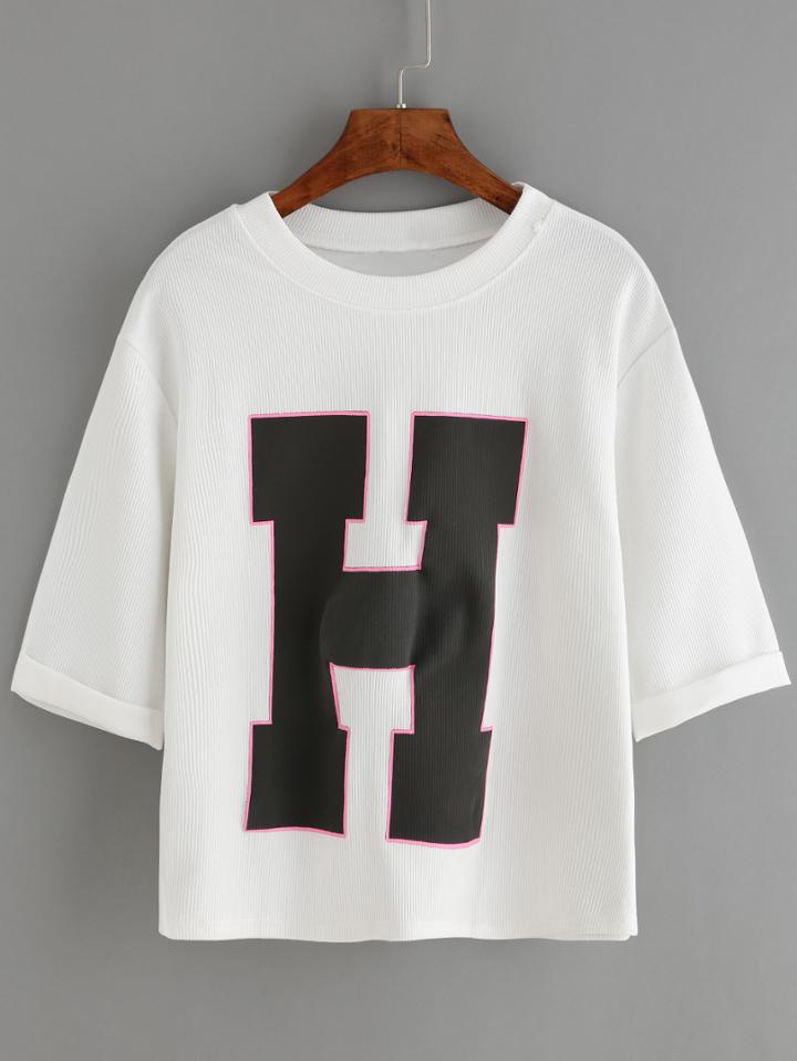 Romwe Letter Print Ribbed White T-shirt