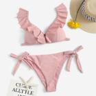 Romwe Ruffle Top With Tie Side Bikini Set
