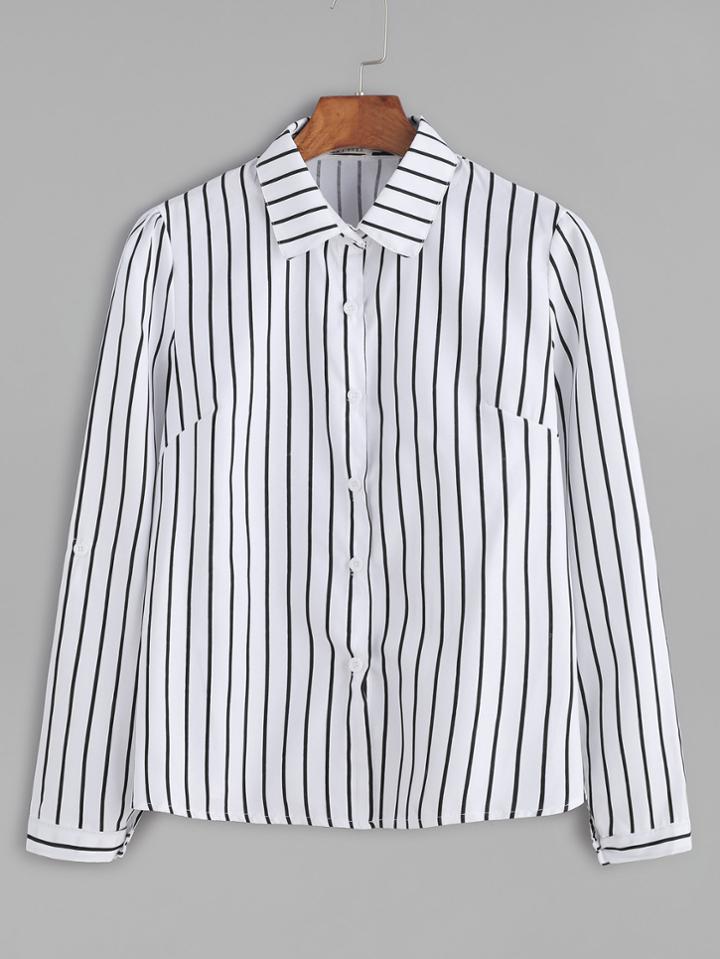 Romwe White Vertical Striped Button Shirt