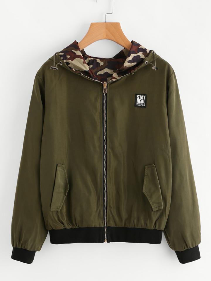 Romwe Hooded Patch Zip Up Jacket