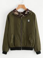 Romwe Hooded Patch Zip Up Jacket