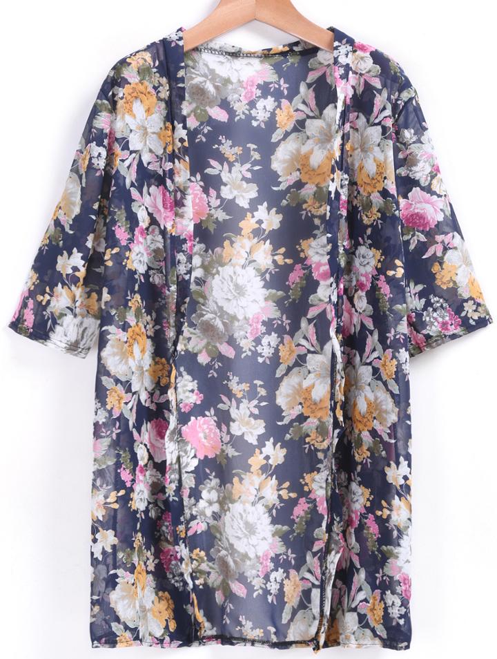 Romwe Floral Loose Chiffon Blue Blouse