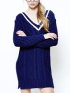 Romwe V Neck Cable Knit Slit Long Blue Sweater