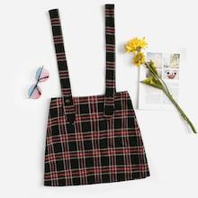 Romwe Tartan Plaid Double Button Pinafore Skirt