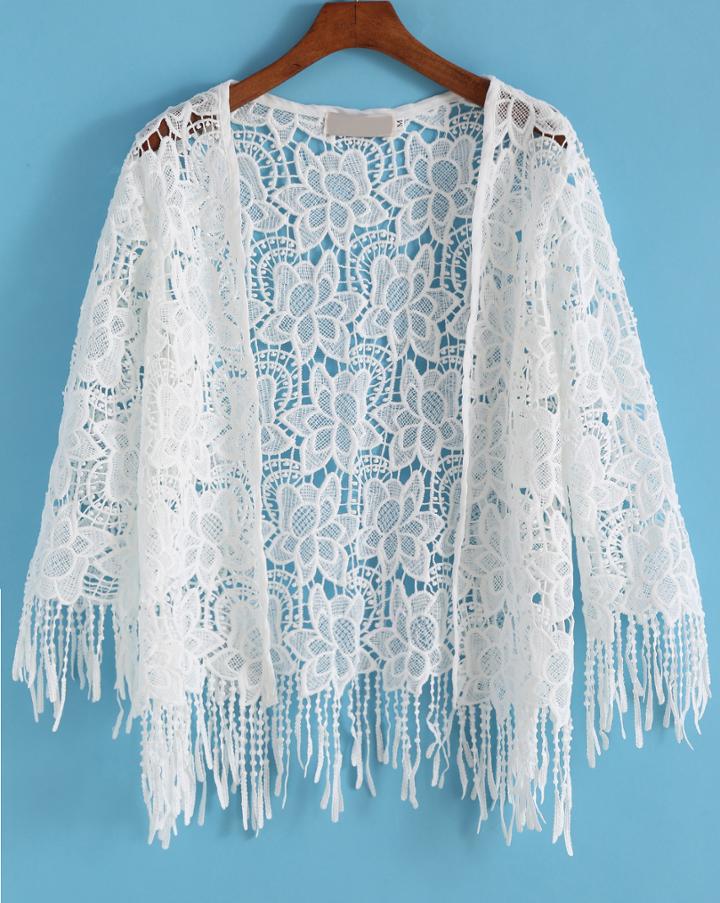 Romwe Lace Crochet With Tassel Top