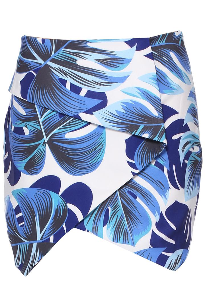 Romwe Romwe Leaves Print Asymmetric Blue Bodycon