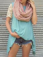 Romwe Crochet Sleeve Asymmetric T-shirt - Green