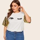 Romwe Plus Sequin Sleeve Winky Eye Print Tee