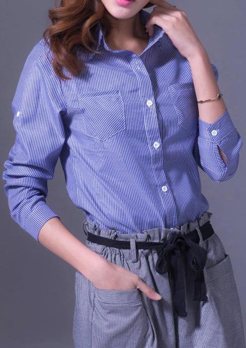 Romwe Lapel Vertical Stripe Pocket Blue Blouse