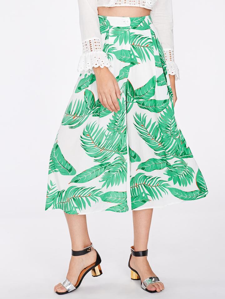 Romwe Jungle Leaf Print Fold Pleat Culotte Pants