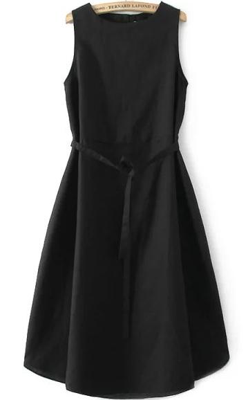 Romwe Back Buttons With Belt Flare Black Dress