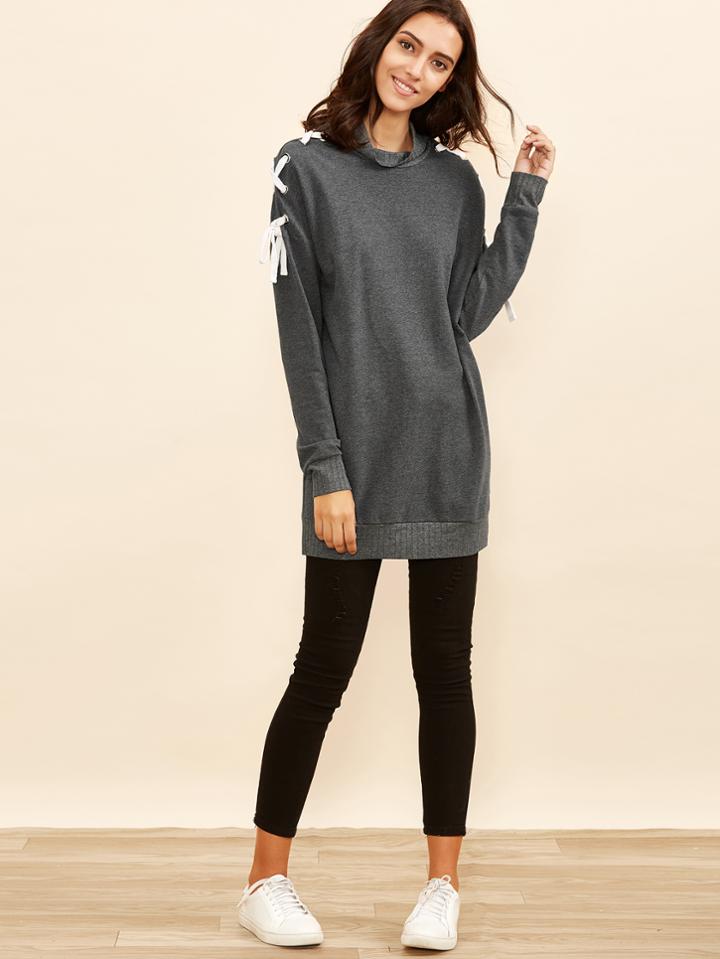 Romwe Heather Grey Lace Up Drop Shoulder Long Sweatshirt