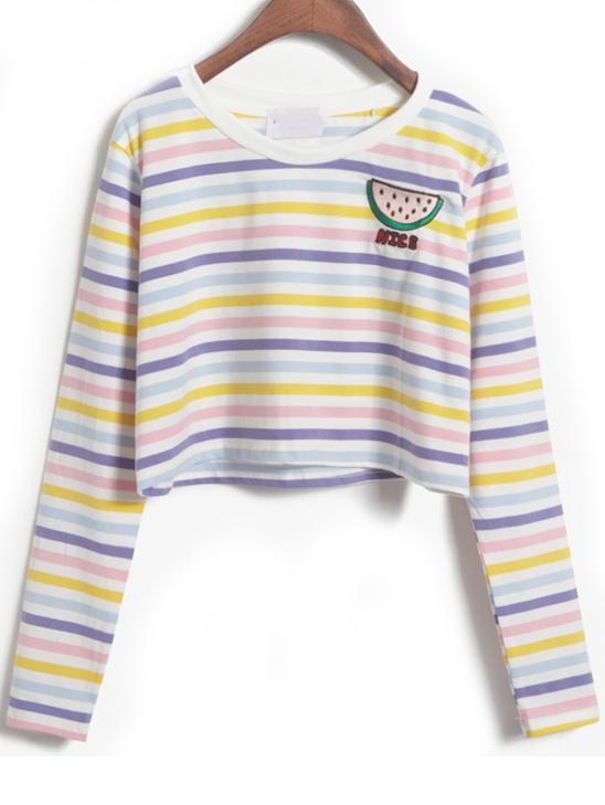 Romwe Watermelon Pattern Striped Crop T-shirt