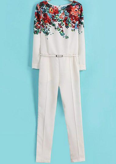 Romwe Floral Belt Slim Jumpsuit