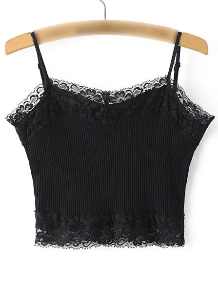 Romwe Black Lace Trim Rib Spaghetti Strap Tank Top