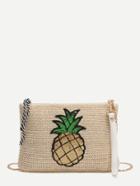 Romwe Khaki Sequin Pineapple Embellished Straw Chain Bag