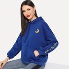 Romwe Moon & Letter Embroidered  Drawstring Hoodie