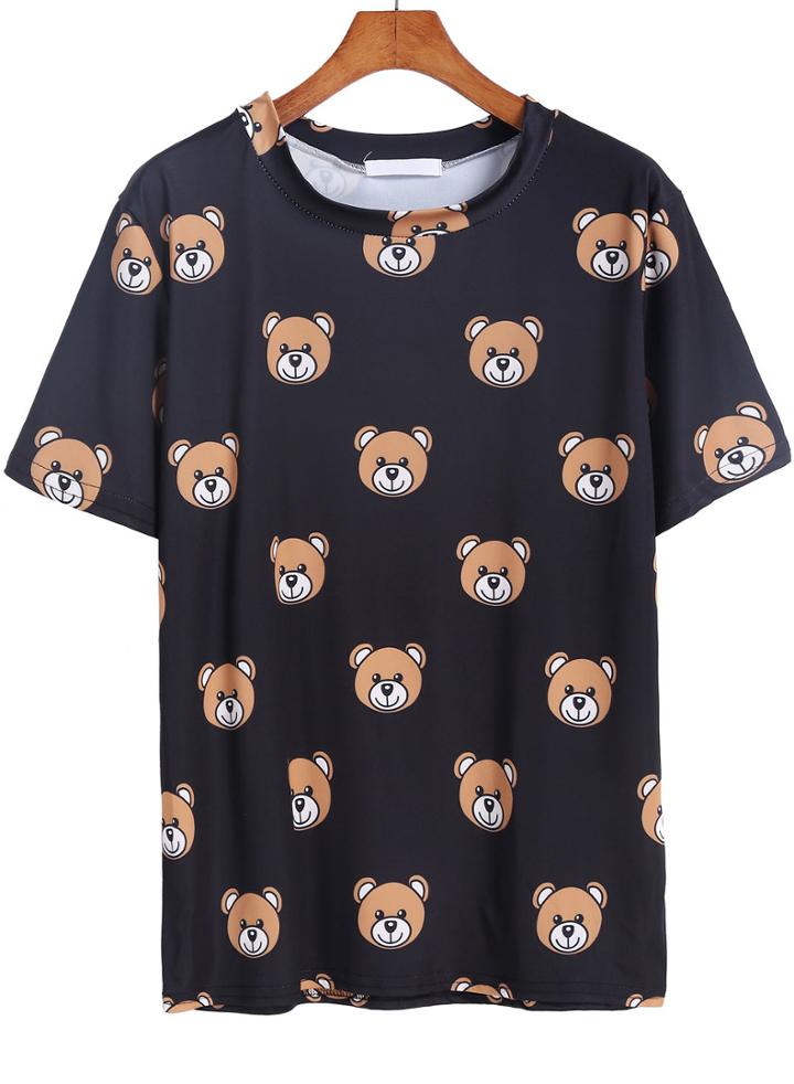 Romwe Black Short Sleeve Bear Print T-shirt