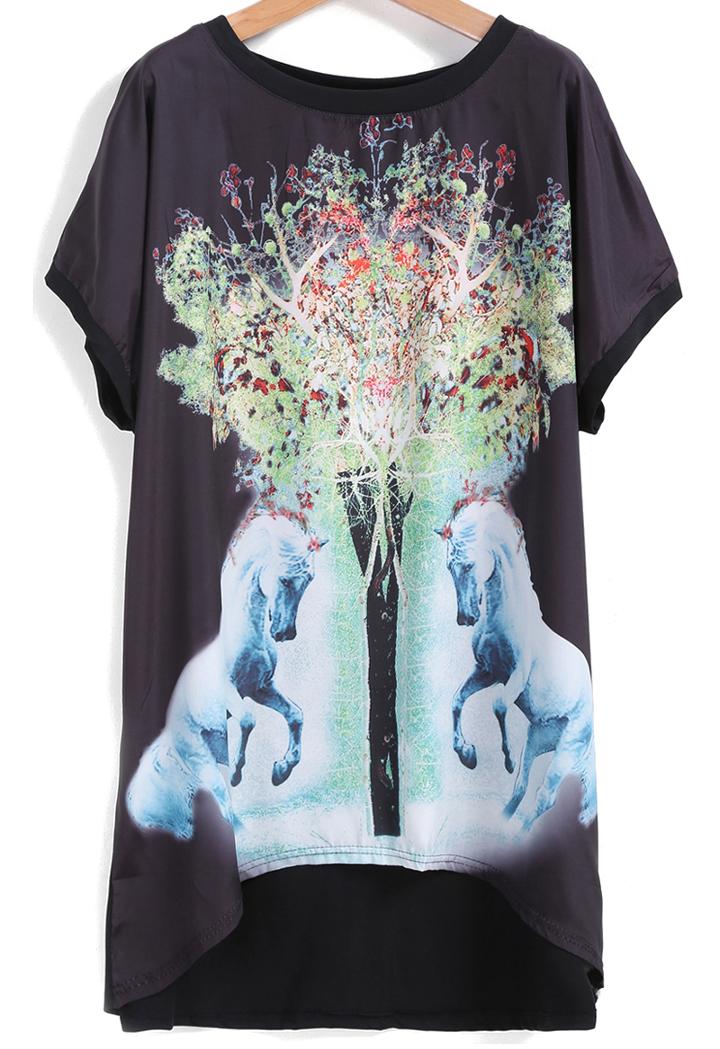 Romwe Dip Hem Tree Horse Print Black T-shirt