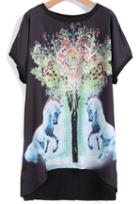 Romwe Dip Hem Tree Horse Print Black T-shirt