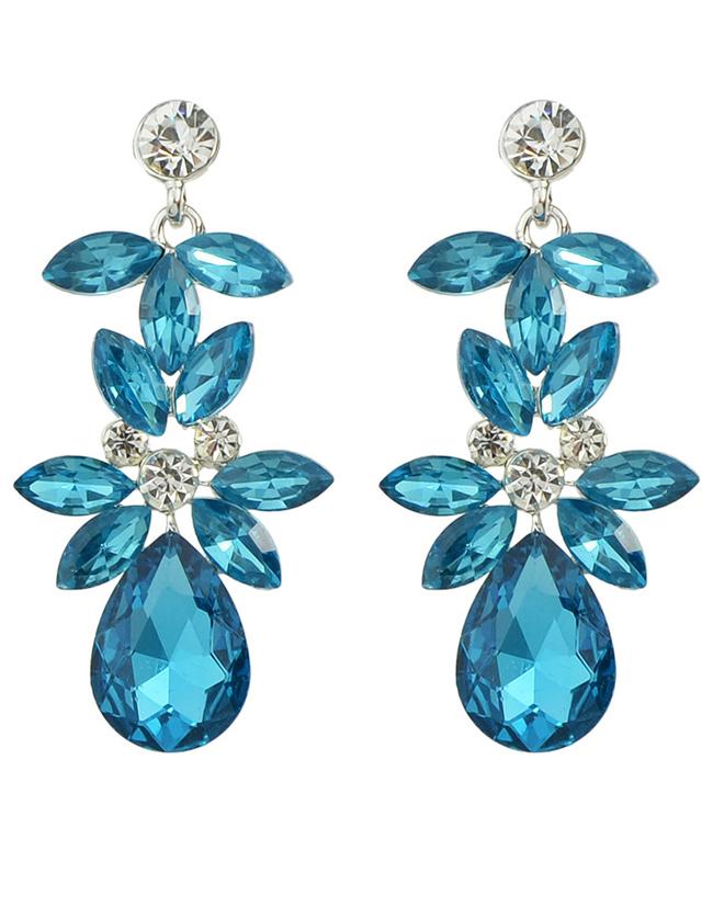 Romwe Blue Rhinestone Flower Drop Earrings