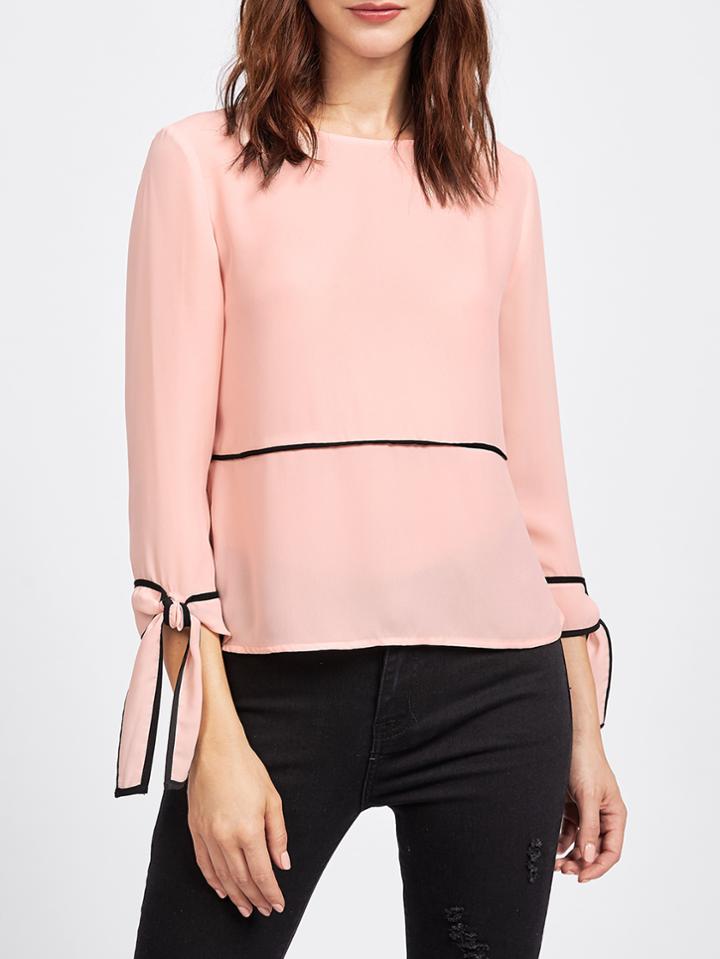 Romwe Knotted Cuff Keyhole Back Binding Blouse