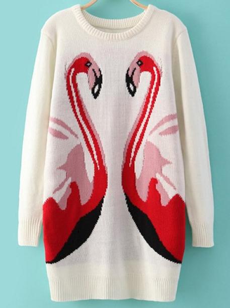 Romwe Swan Print Knit White Sweater
