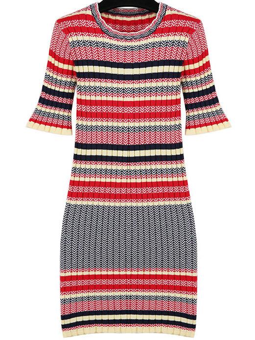 Romwe Ruffle Sleeve Striped Knit Dress