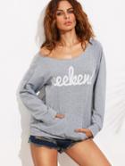 Romwe Grey Letter Print Pocket Long Sleeve Sweatshirt