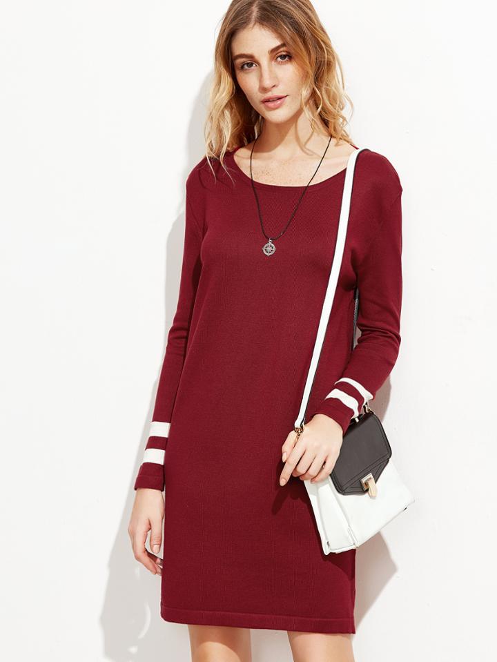 Romwe Burgundy Striped Trim Long Sleeve Sweater Dress