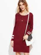 Romwe Burgundy Striped Trim Long Sleeve Sweater Dress