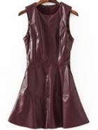 Romwe Sleeveless Zipper Pu A-line Burgundy Dress