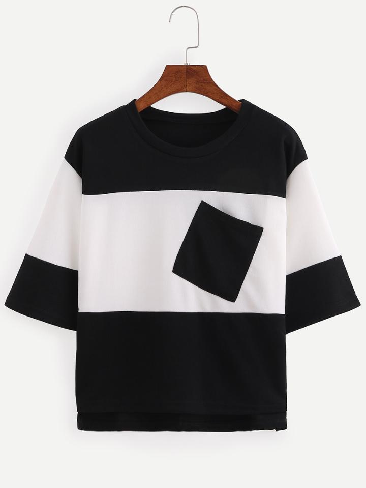 Romwe Black And White Half Sleeve T-shirt
