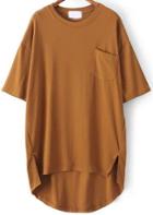 Romwe Yellow Pocket Split Dip Hem T-shirt