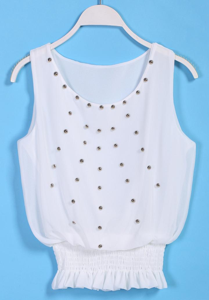 Romwe Sleeveless Bead Chiffon Vest