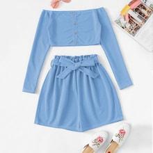 Romwe Off Shoulder Single Breasted Top With Shorts