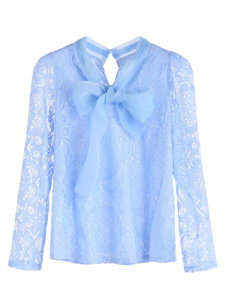Romwe Light Blue Bow Tie Keyhole Back Lace Blouse