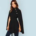 Romwe Button Front Self Belted Cape Coat