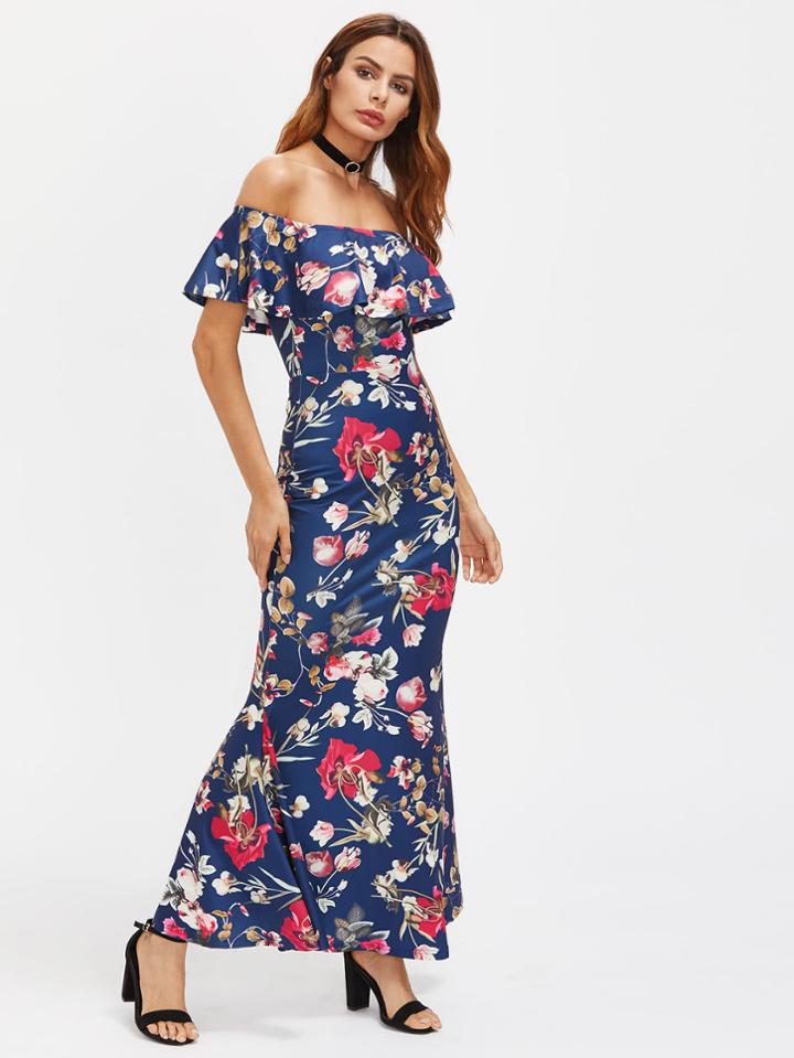 Romwe Flounce Off Shoulder High Slit Back Fishtail Dress