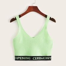 Romwe Letter Tape Hem Rib-knit Crop Top