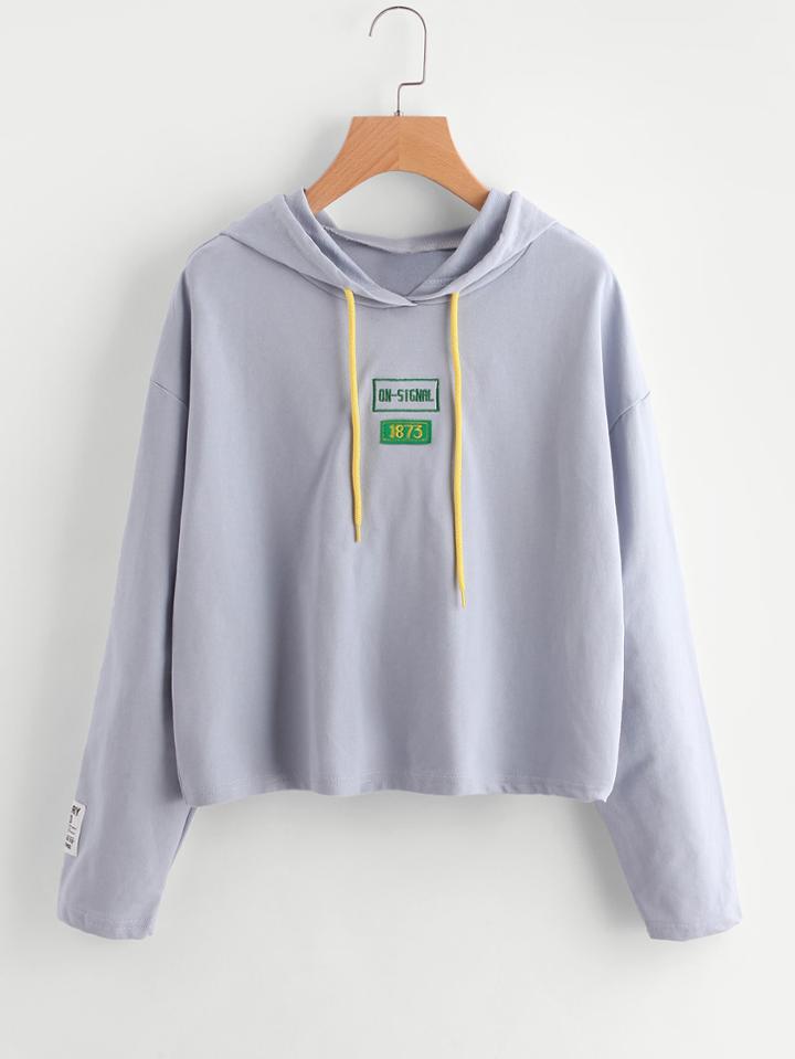 Romwe Patch Detail Letter Embroidered Drawstring Hoodie