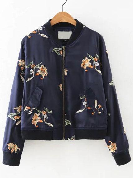 Romwe Navy Floral Embroidered Bomber Jacket With Pockets