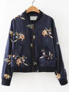 Romwe Navy Floral Embroidered Bomber Jacket With Pockets
