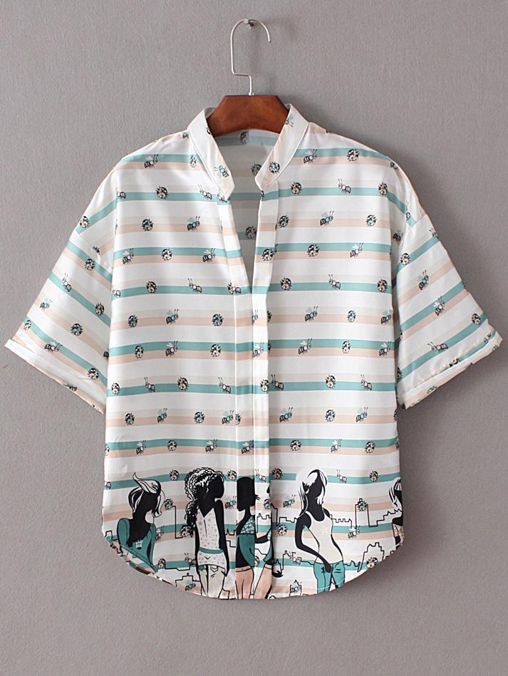 Romwe Multicolor Stand Collar Beauties Insects Print Blouse