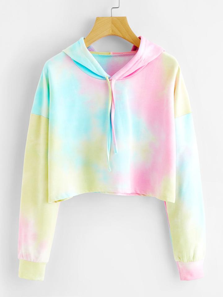 Romwe Tie Dye Drop Shoulder Crop Hoodie