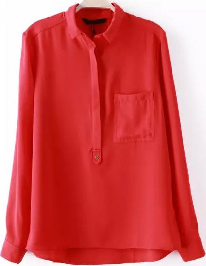 Romwe Lapel Dip Hem With Pocket Red Blouse