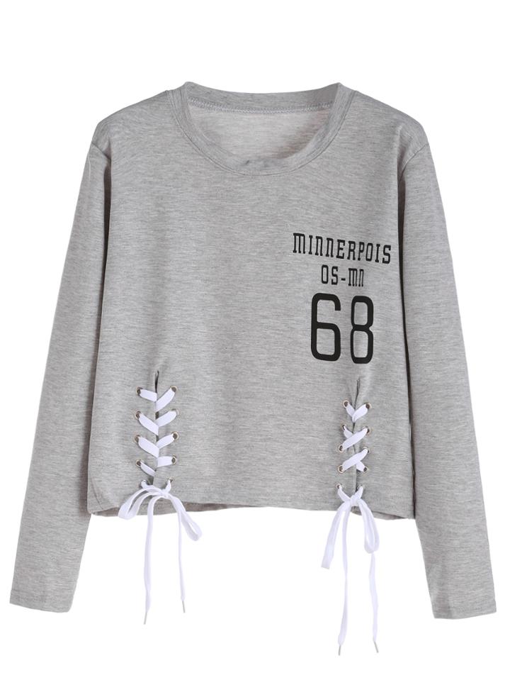 Romwe Light Grey Number Print Lace Up Front Crop T-shirt